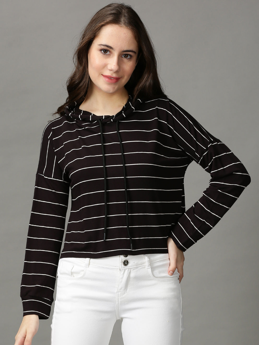 Women's Black Striped Extended Sleeves Crop Top