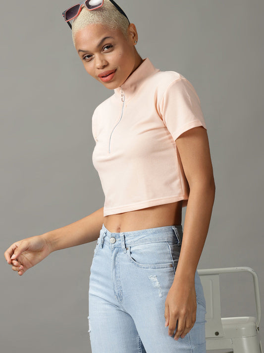 Women's Peach High Neck Short Sleeves Crop Top