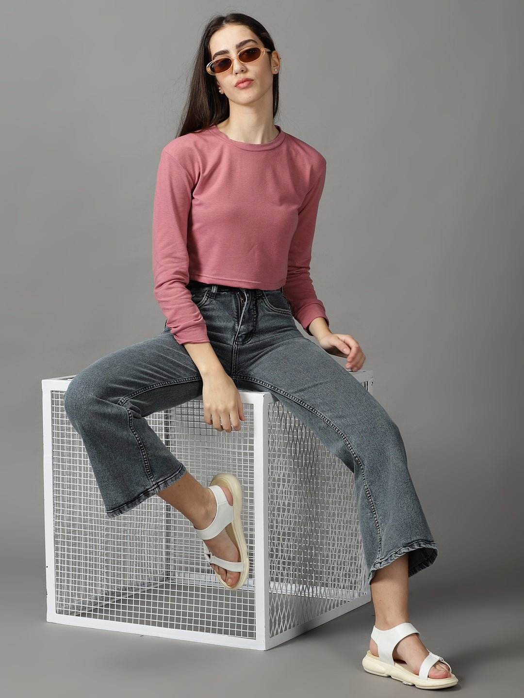 Women's Mauve Long Sleeves Crop Top