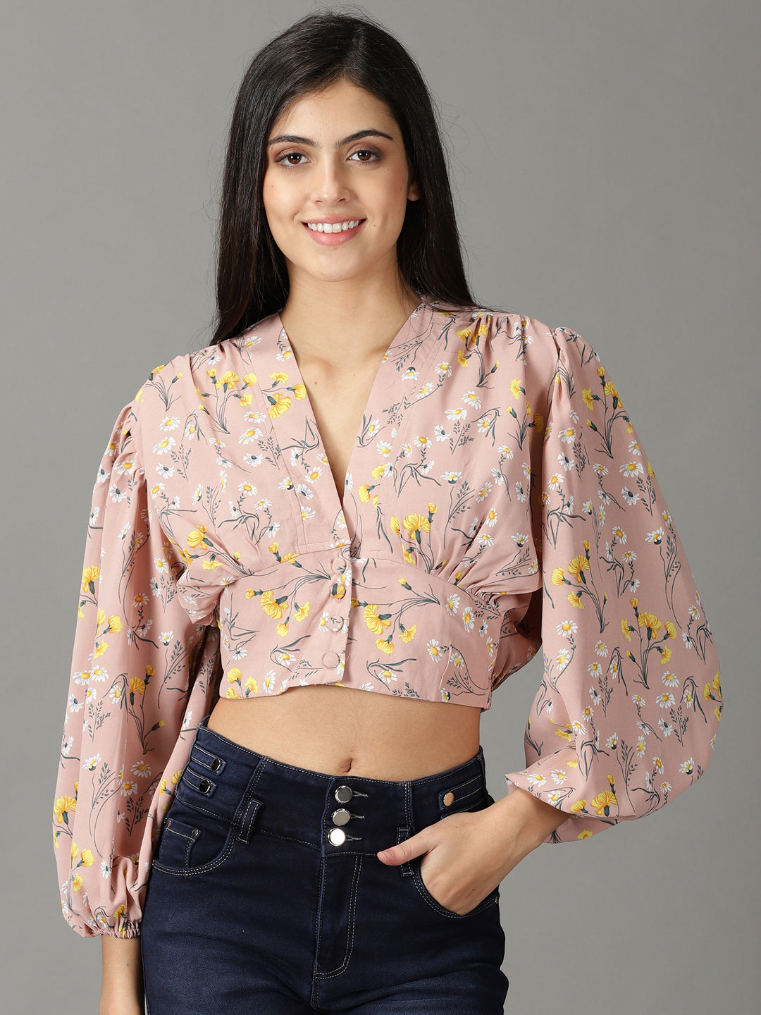 Women's Mauve Floral Print Blouson Crop Top