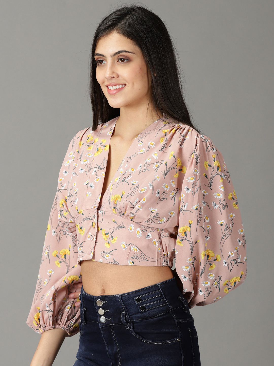 Women's Mauve Floral Print Blouson Crop Top
