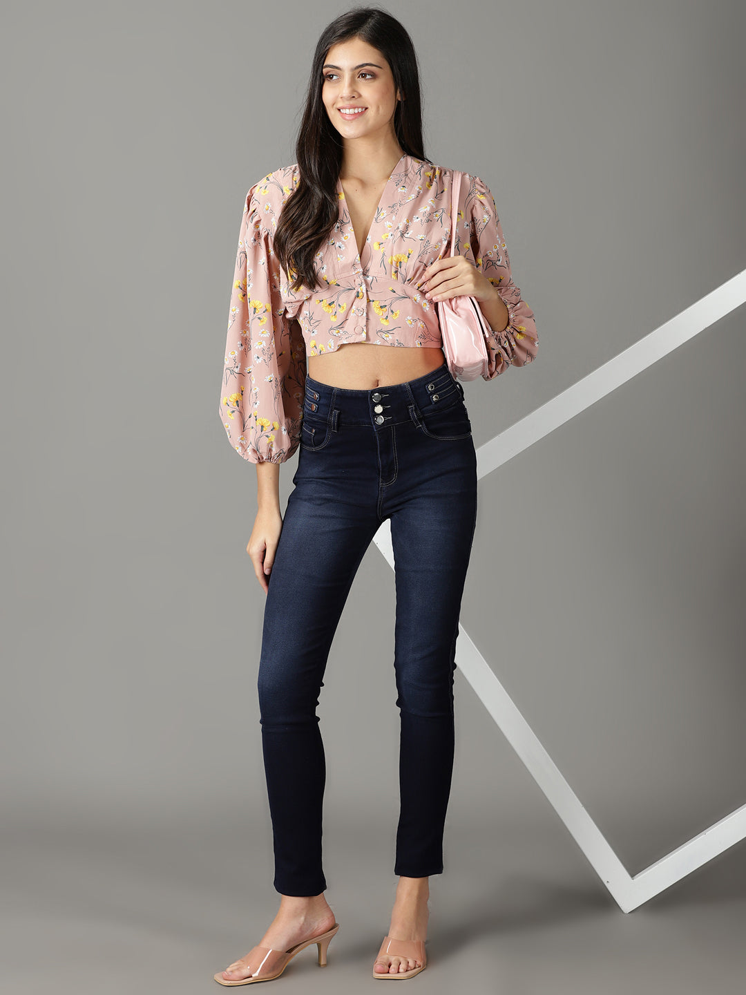 Women's Mauve Floral Print Blouson Crop Top