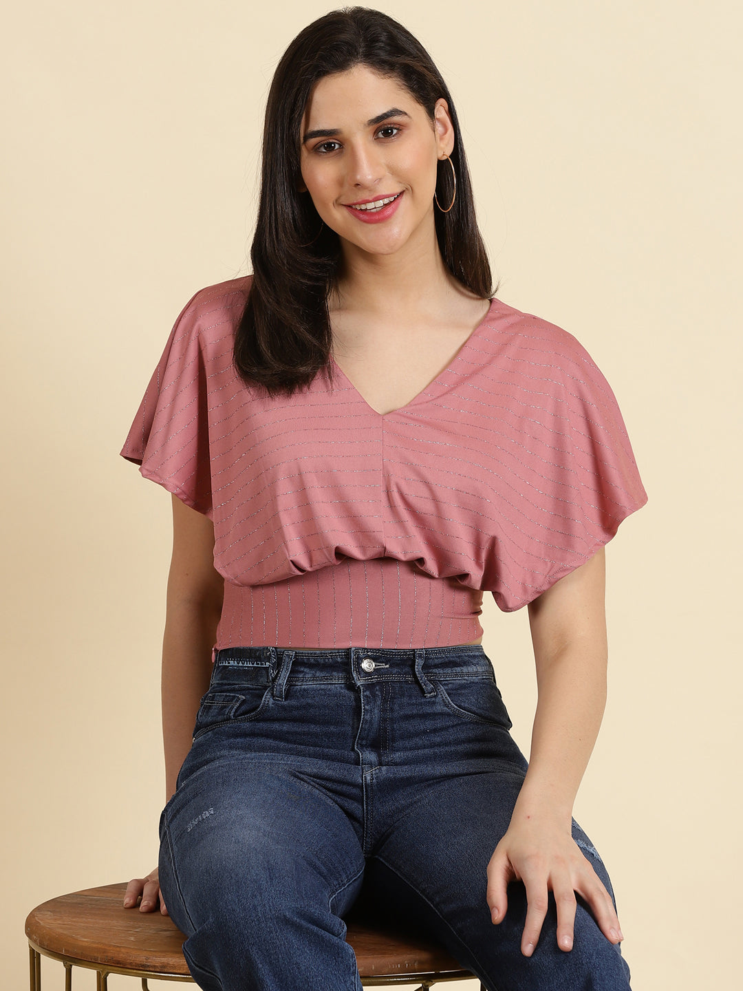 Women's Mauve V-Neck Flared Sleeves Blouson Crop Top