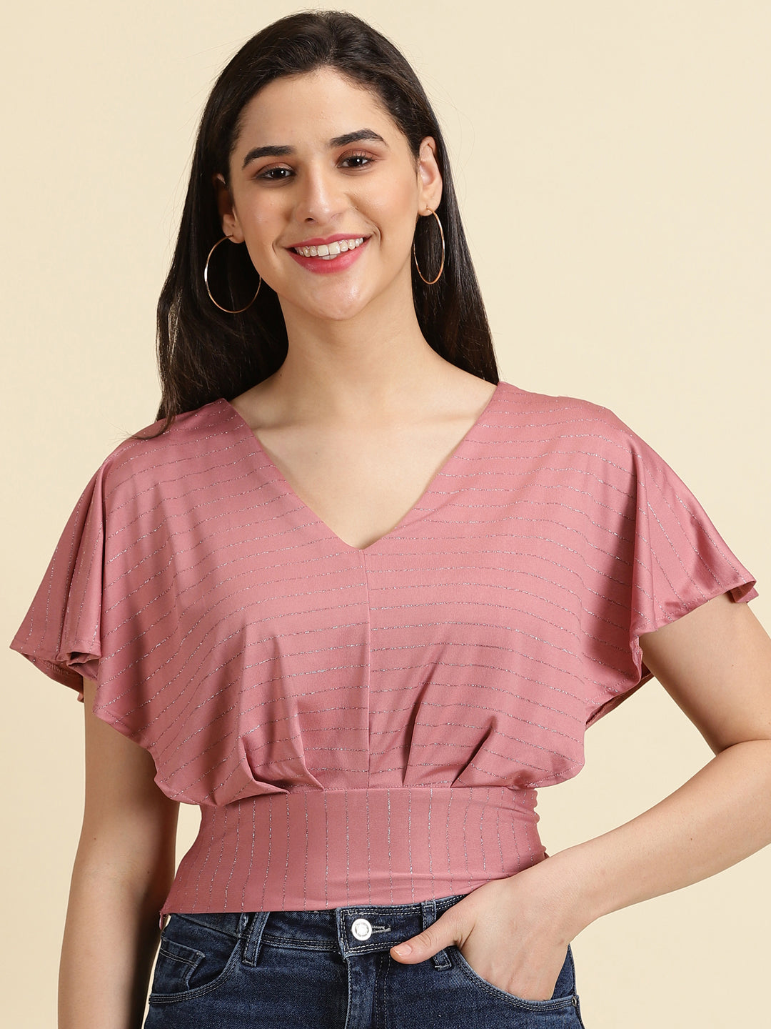 Women's Mauve V-Neck Flared Sleeves Blouson Crop Top