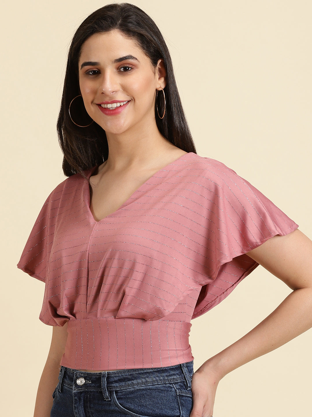 Women's Mauve V-Neck Flared Sleeves Blouson Crop Top