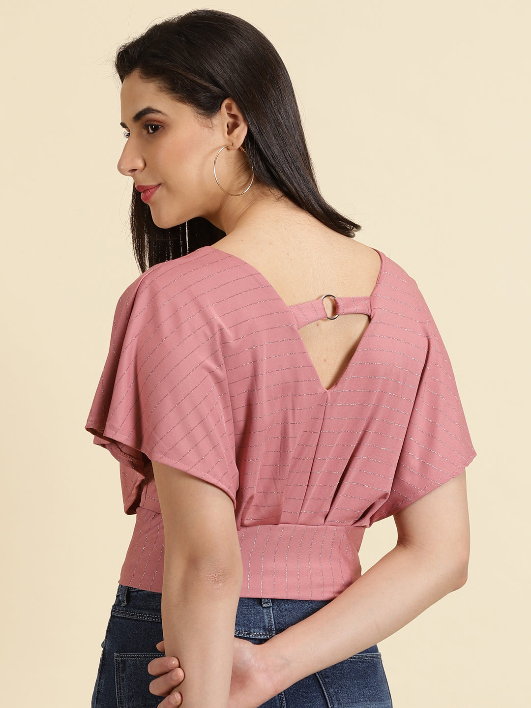 Women's Mauve V-Neck Flared Sleeves Blouson Crop Top