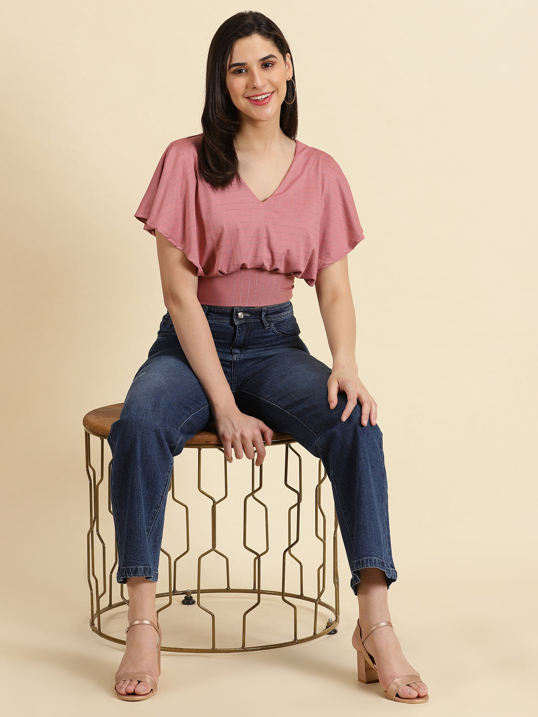 Women's Mauve V-Neck Flared Sleeves Blouson Crop Top