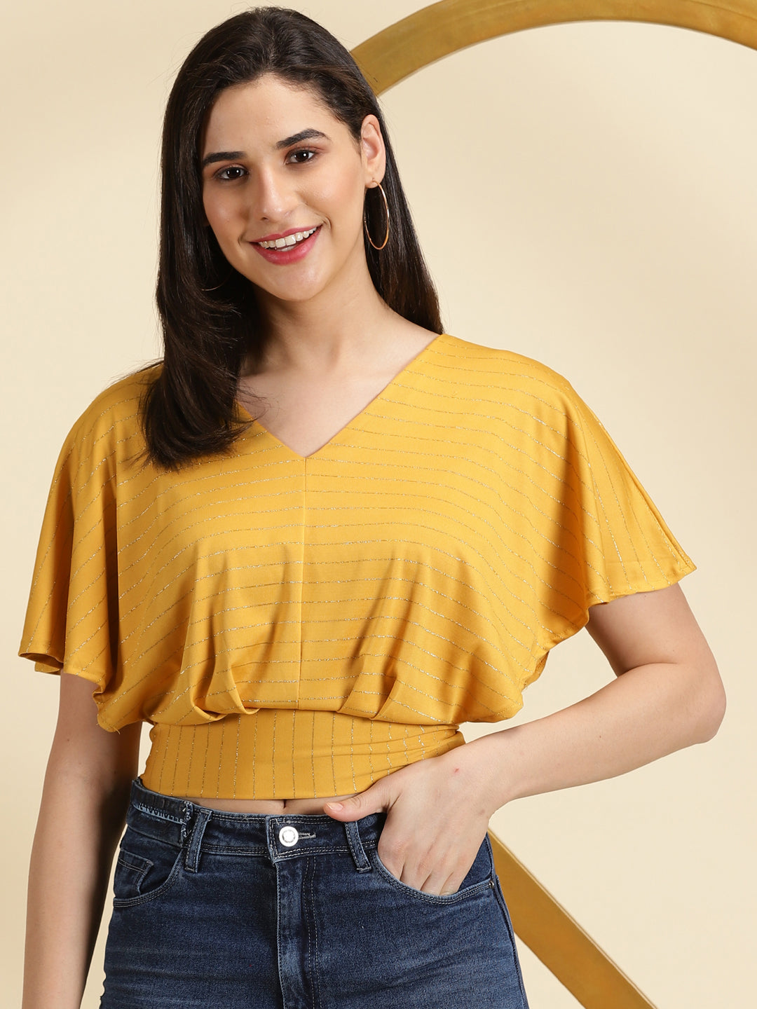 Women's Mustard Striped V-Neck Extended Sleeves Blouson Crop Top