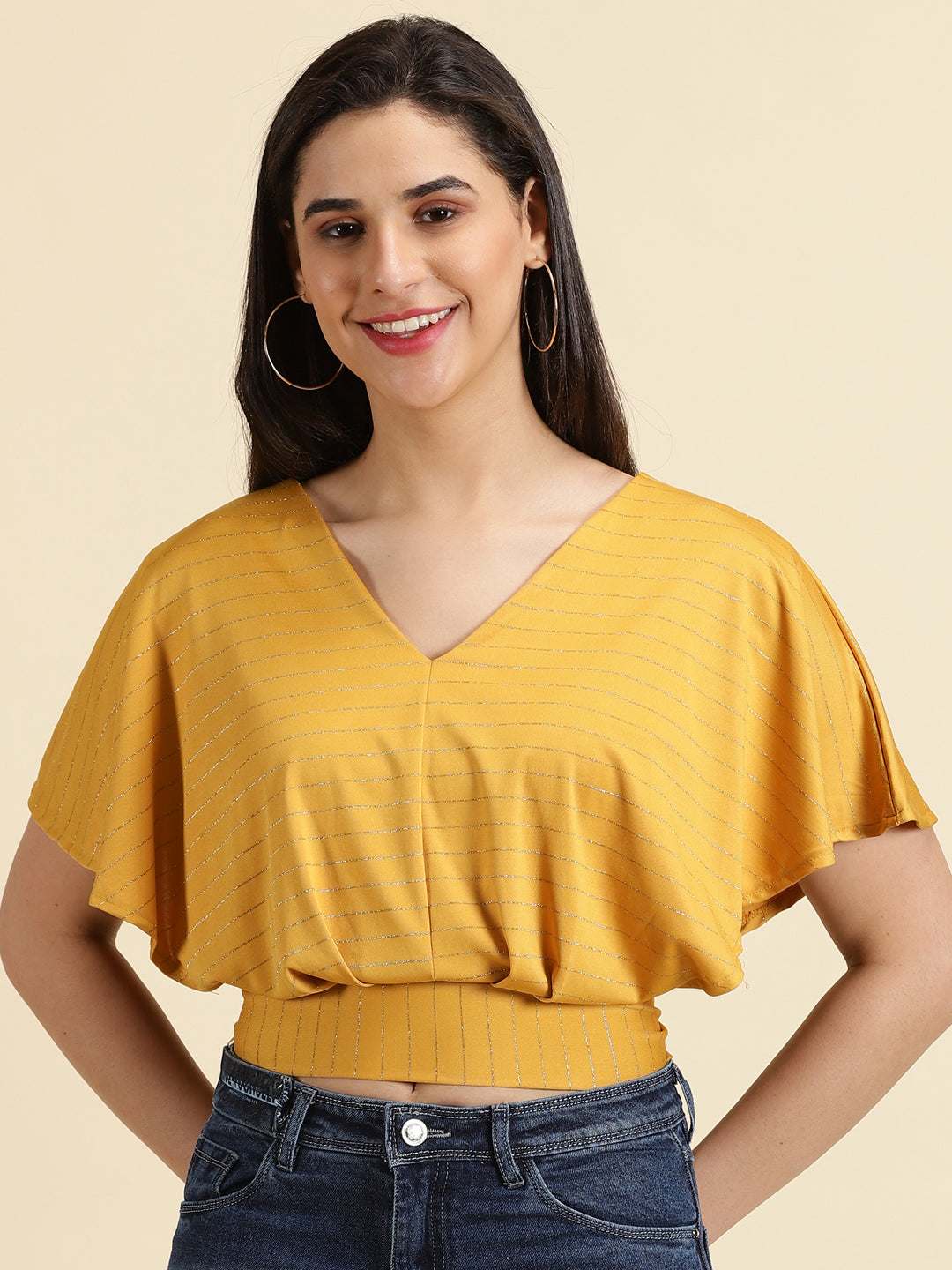 Women's Mustard Striped V-Neck Extended Sleeves Blouson Crop Top