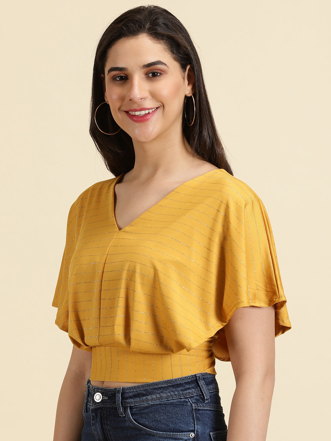 Women's Mustard Striped V-Neck Extended Sleeves Blouson Crop Top