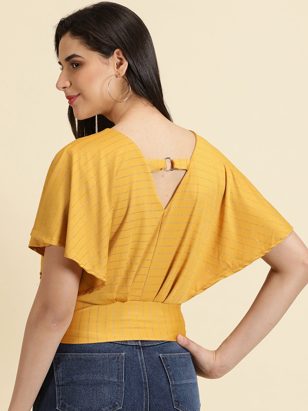Women's Mustard Striped V-Neck Extended Sleeves Blouson Crop Top