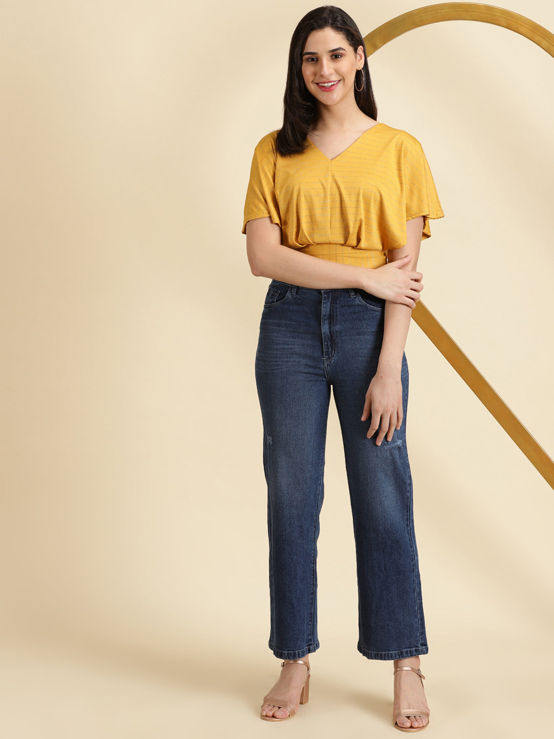 Women's Mustard Striped V-Neck Extended Sleeves Blouson Crop Top