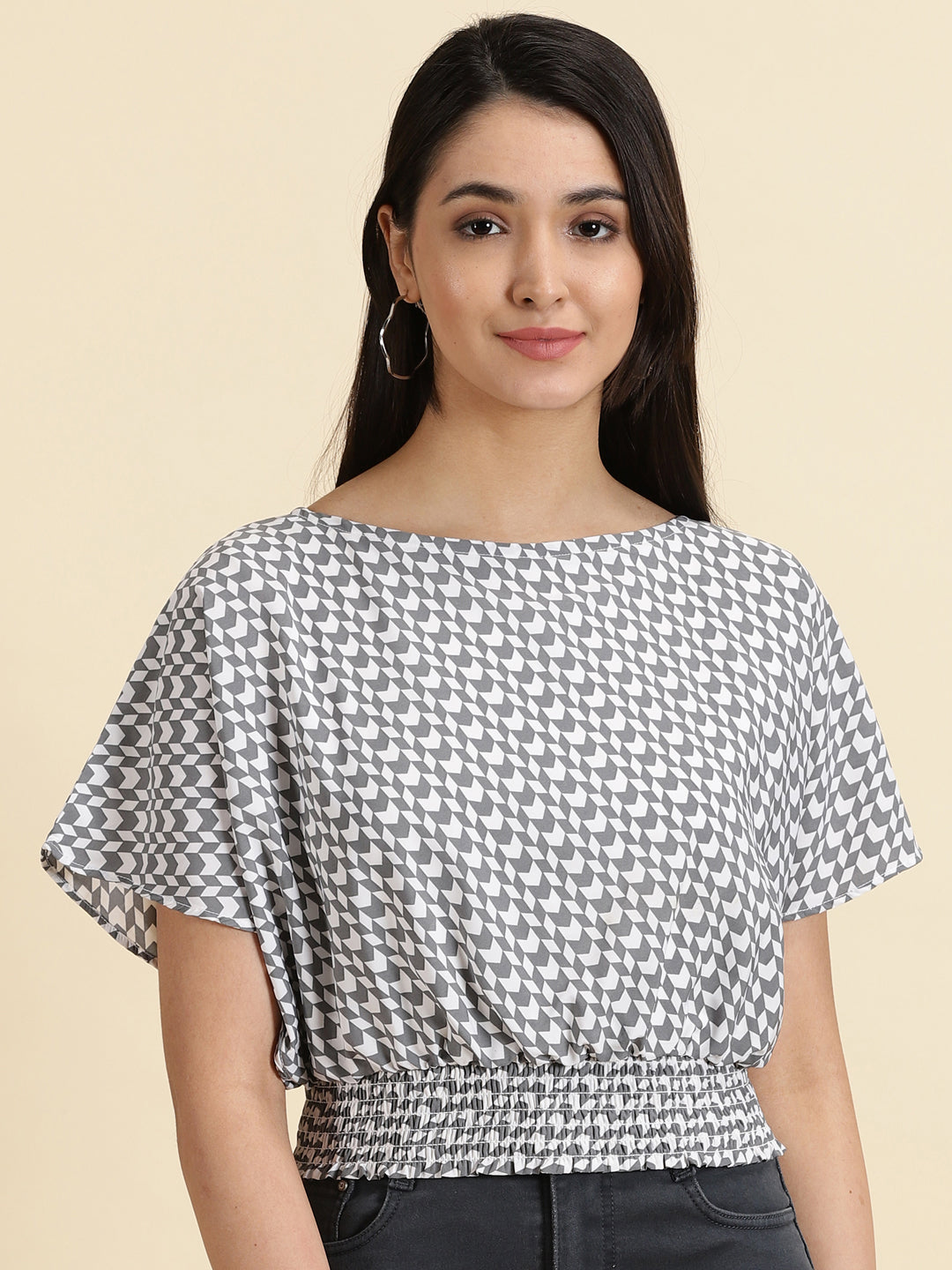 Women's White Checked Boat Neck Crepe Top