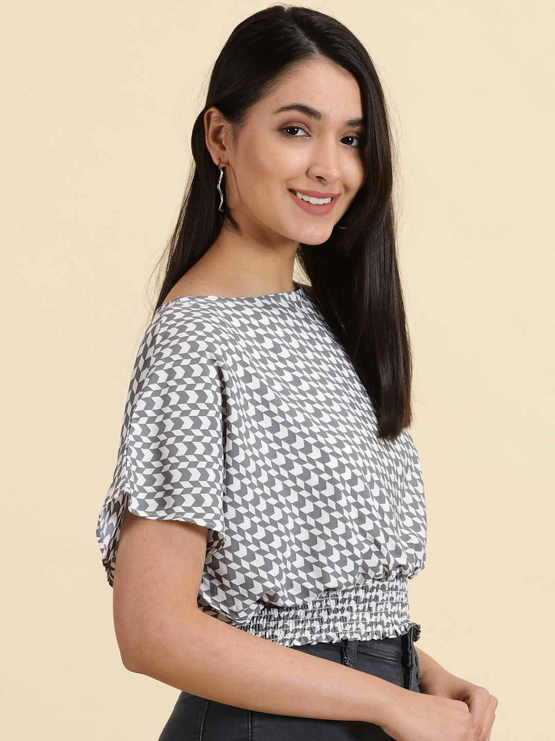 Women's White Checked Boat Neck Crepe Top