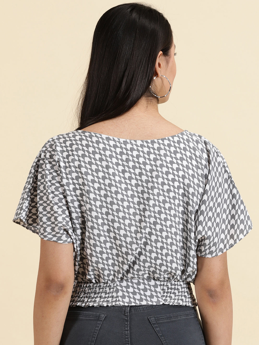 Women's White Checked Boat Neck Crepe Top