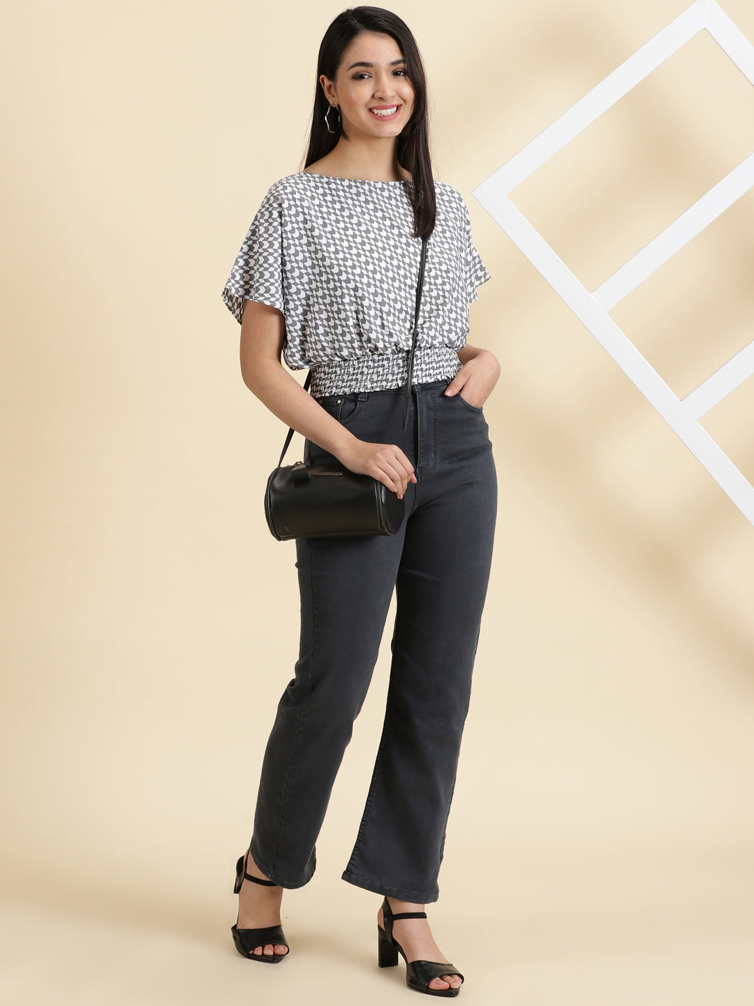 Women's White Checked Boat Neck Crepe Top