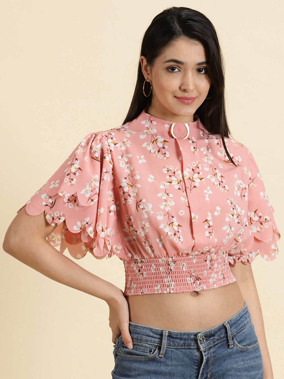 Women's Peach Floral Print Flared Sleeve Crepe Styled Back Crop Top