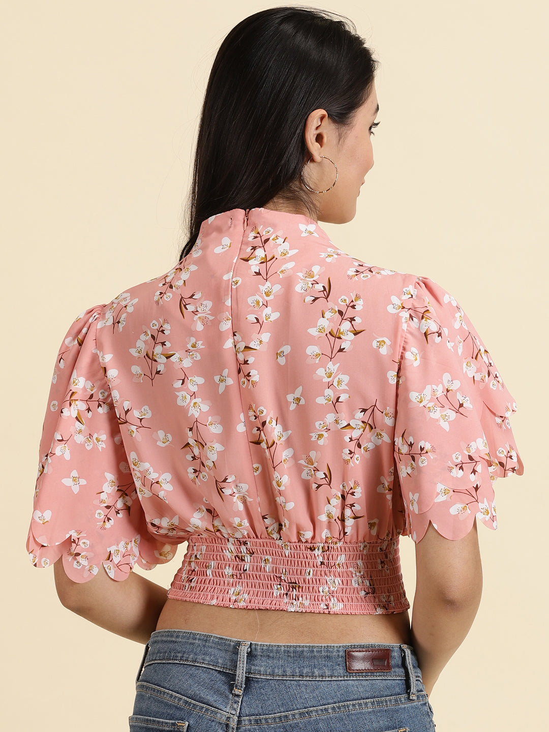 Women's Peach Floral Print Flared Sleeve Crepe Styled Back Crop Top