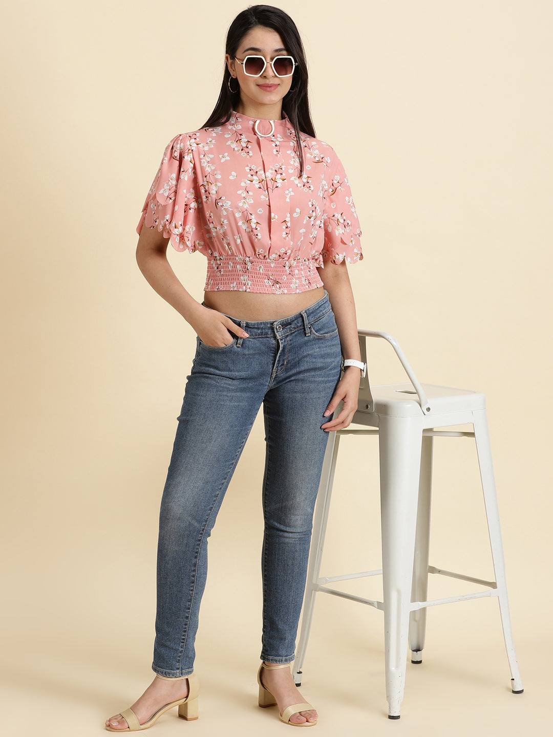 Women's Peach Floral Print Flared Sleeve Crepe Styled Back Crop Top