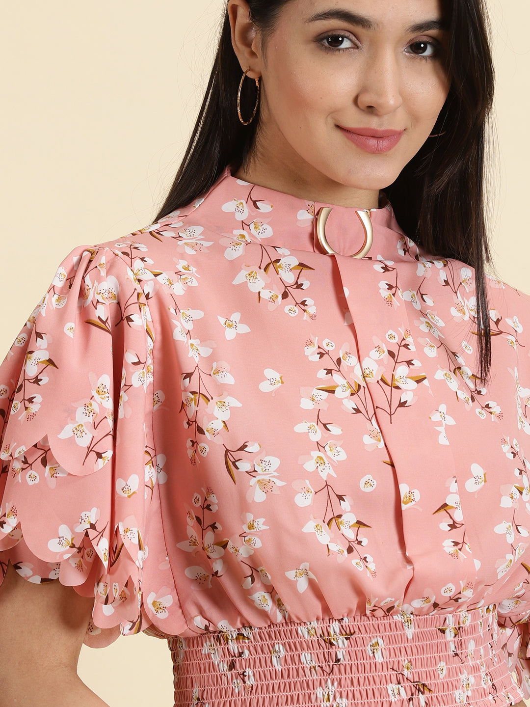 Women's Peach Floral Print Flared Sleeve Crepe Styled Back Crop Top