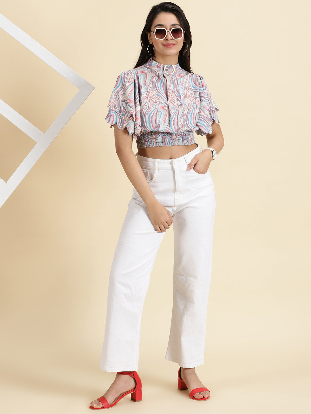 Women's Multi Printed High Neck Collar Flutter Sleeve Crepe Blouson Crop Top