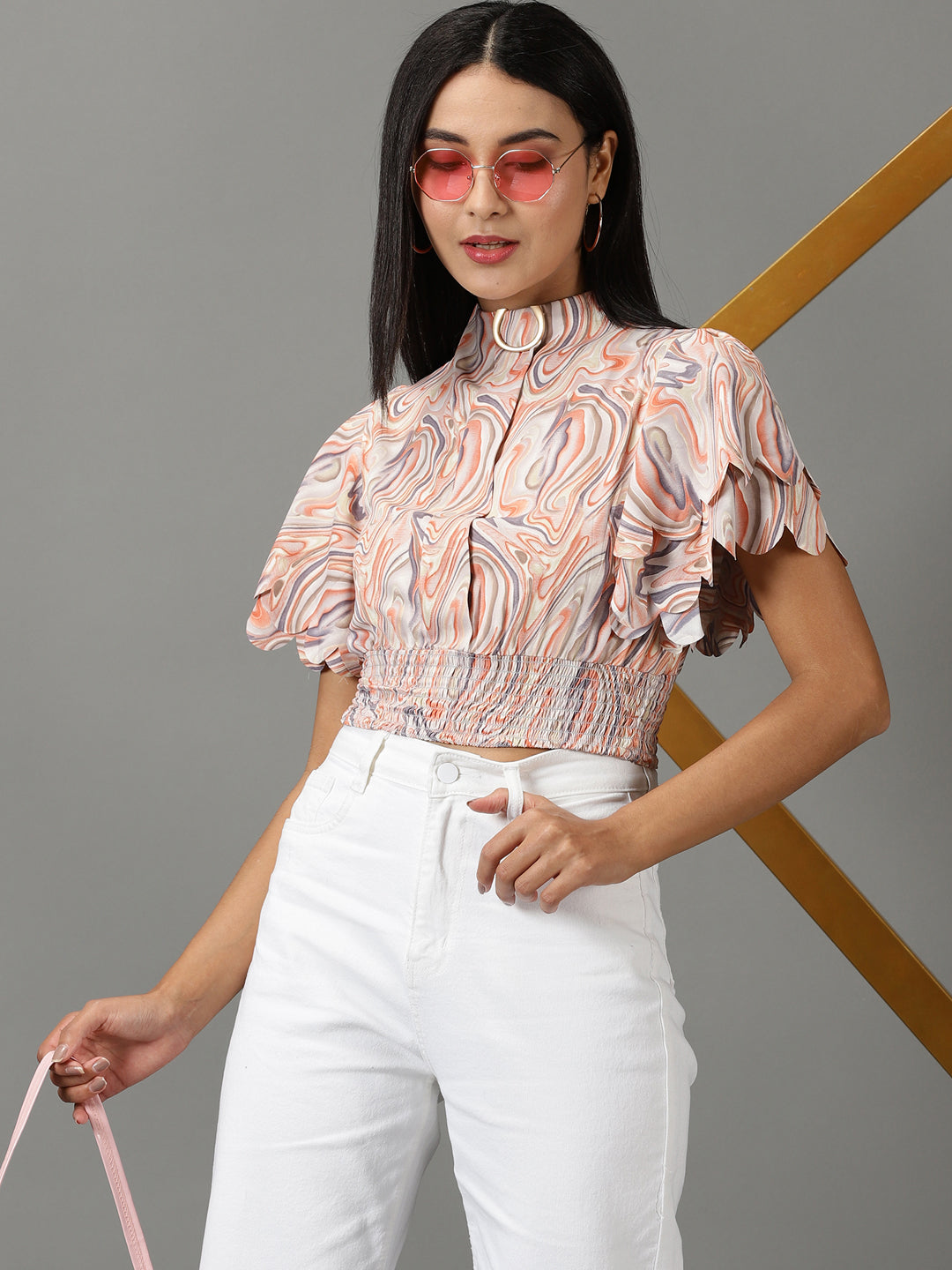 Women's Peach Abstract Printed High Neck Flared Sleeves Smocked Blouson Crop Top