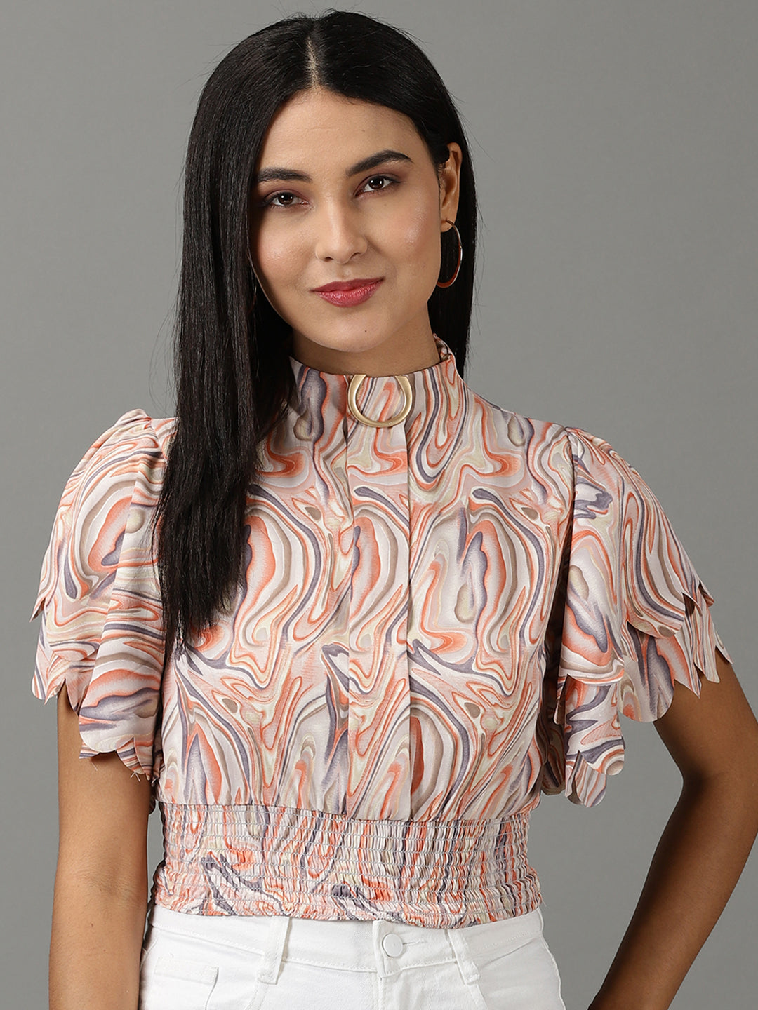 Women's Peach Abstract Printed High Neck Flared Sleeves Smocked Blouson Crop Top