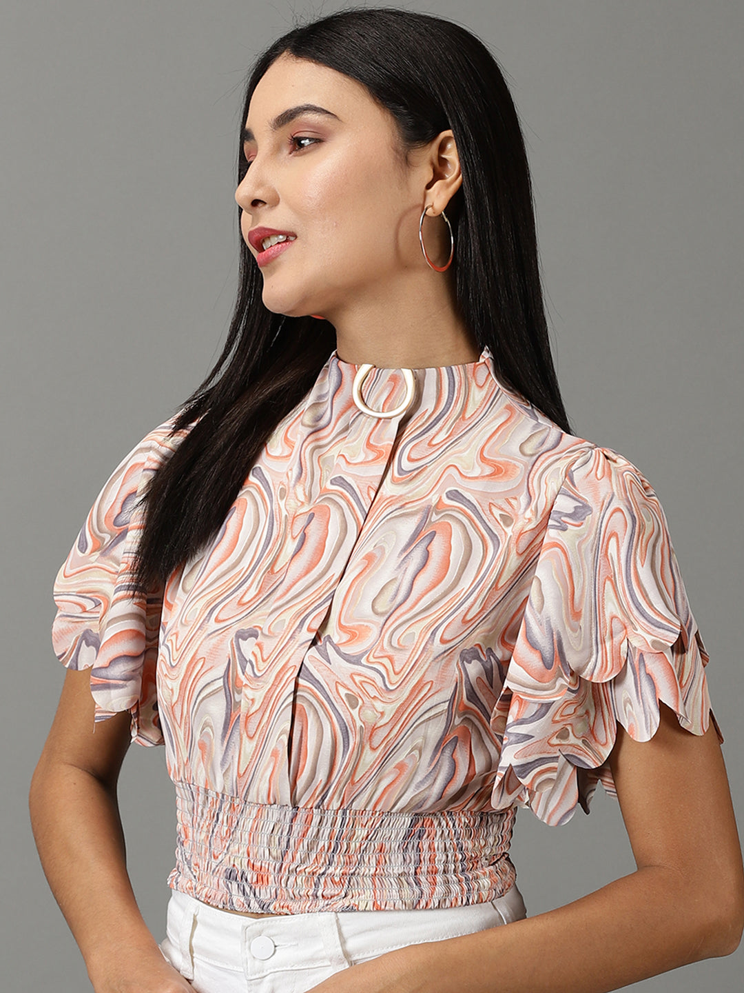 Women's Peach Abstract Printed High Neck Flared Sleeves Smocked Blouson Crop Top