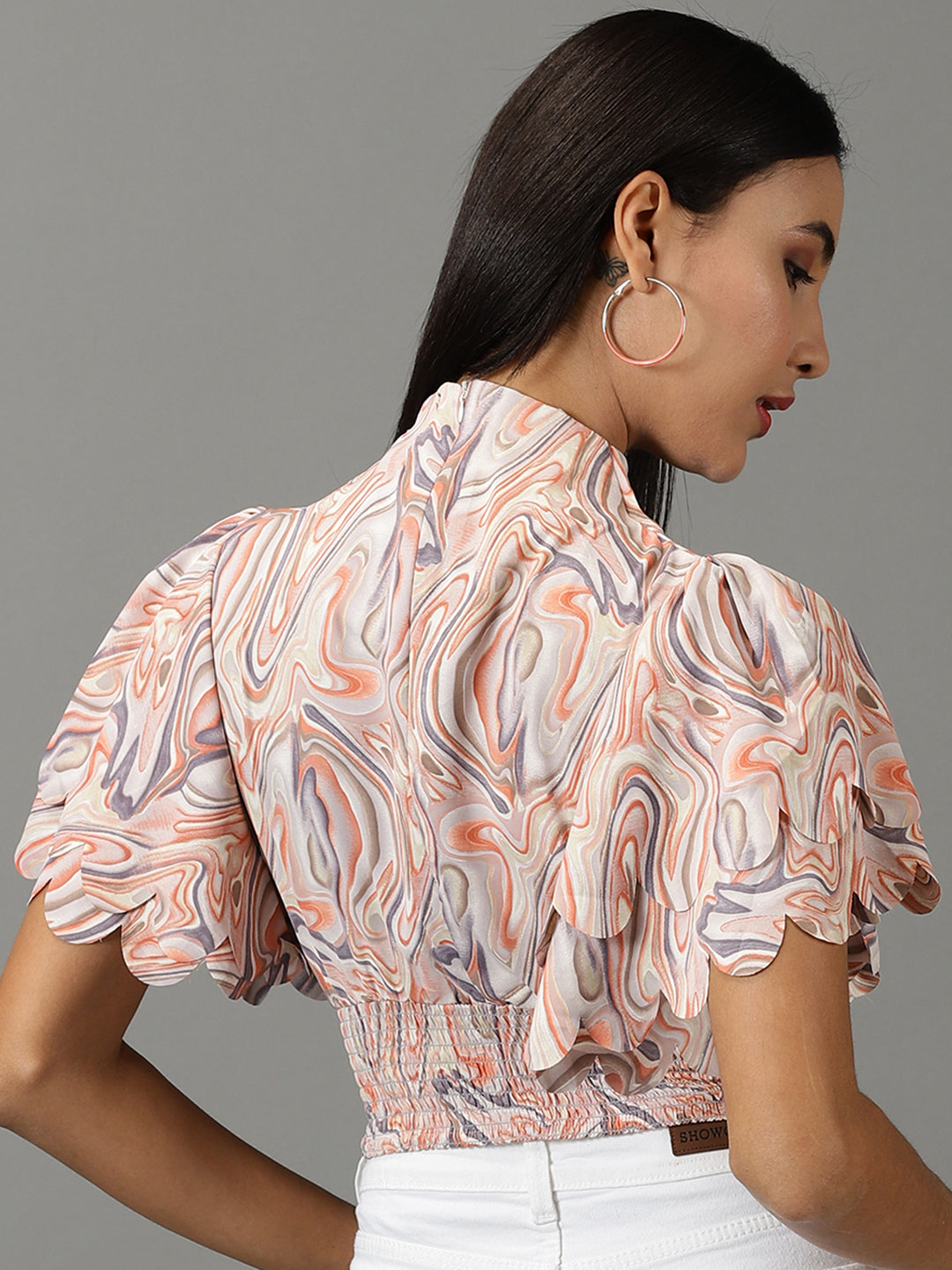 Women's Peach Abstract Printed High Neck Flared Sleeves Smocked Blouson Crop Top