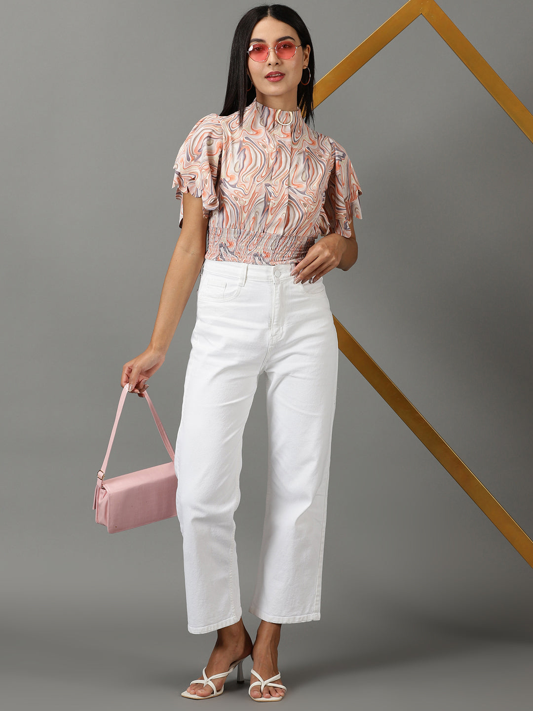 Women's Peach Abstract Printed High Neck Flared Sleeves Smocked Blouson Crop Top