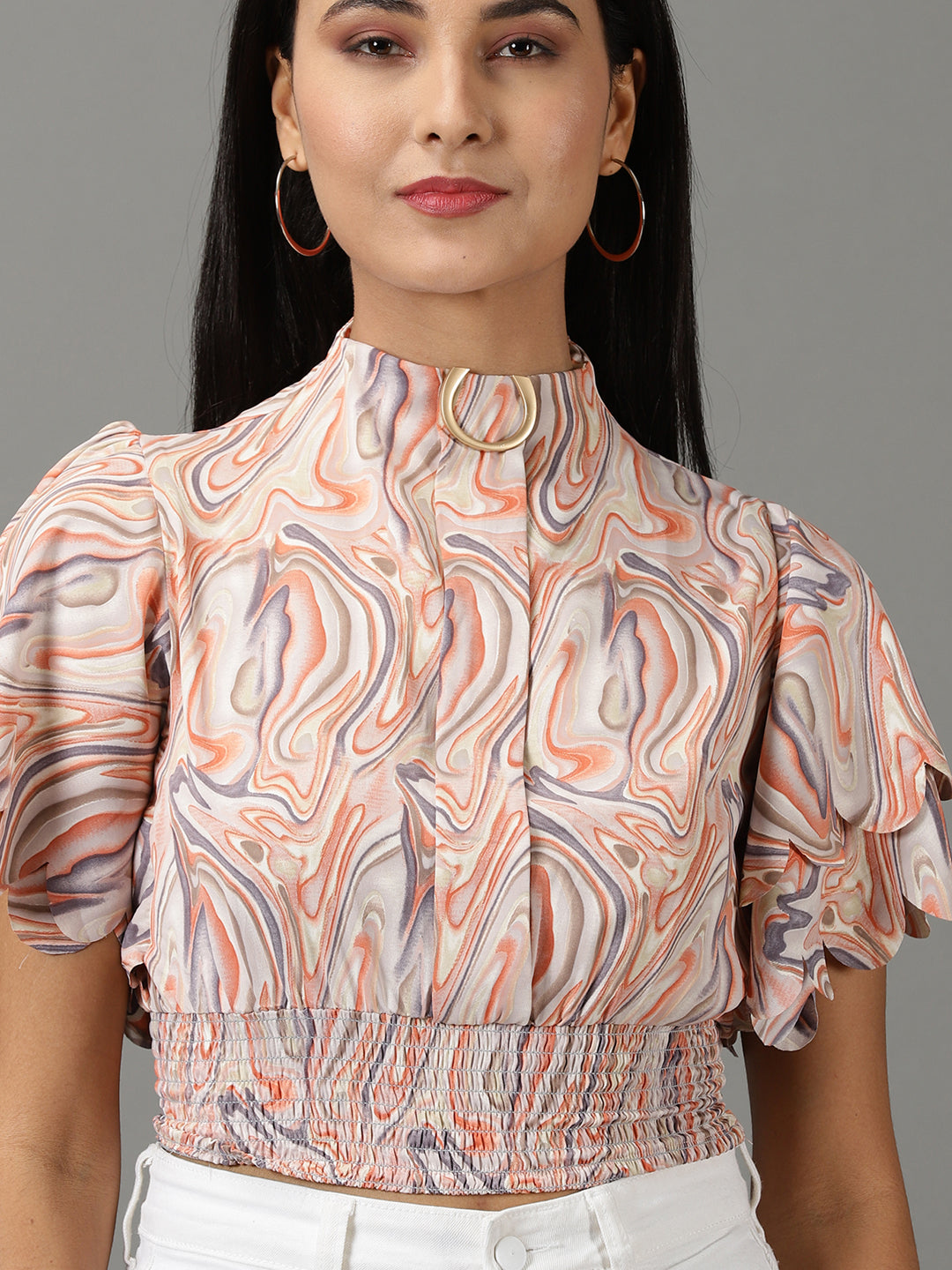 Women's Peach Abstract Printed High Neck Flared Sleeves Smocked Blouson Crop Top