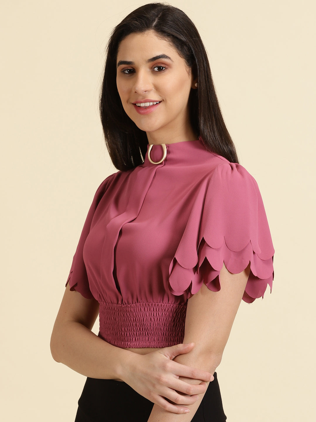 Women's Pink High Neck Flared Sleeve Crepe Cinched Waist Crop Top