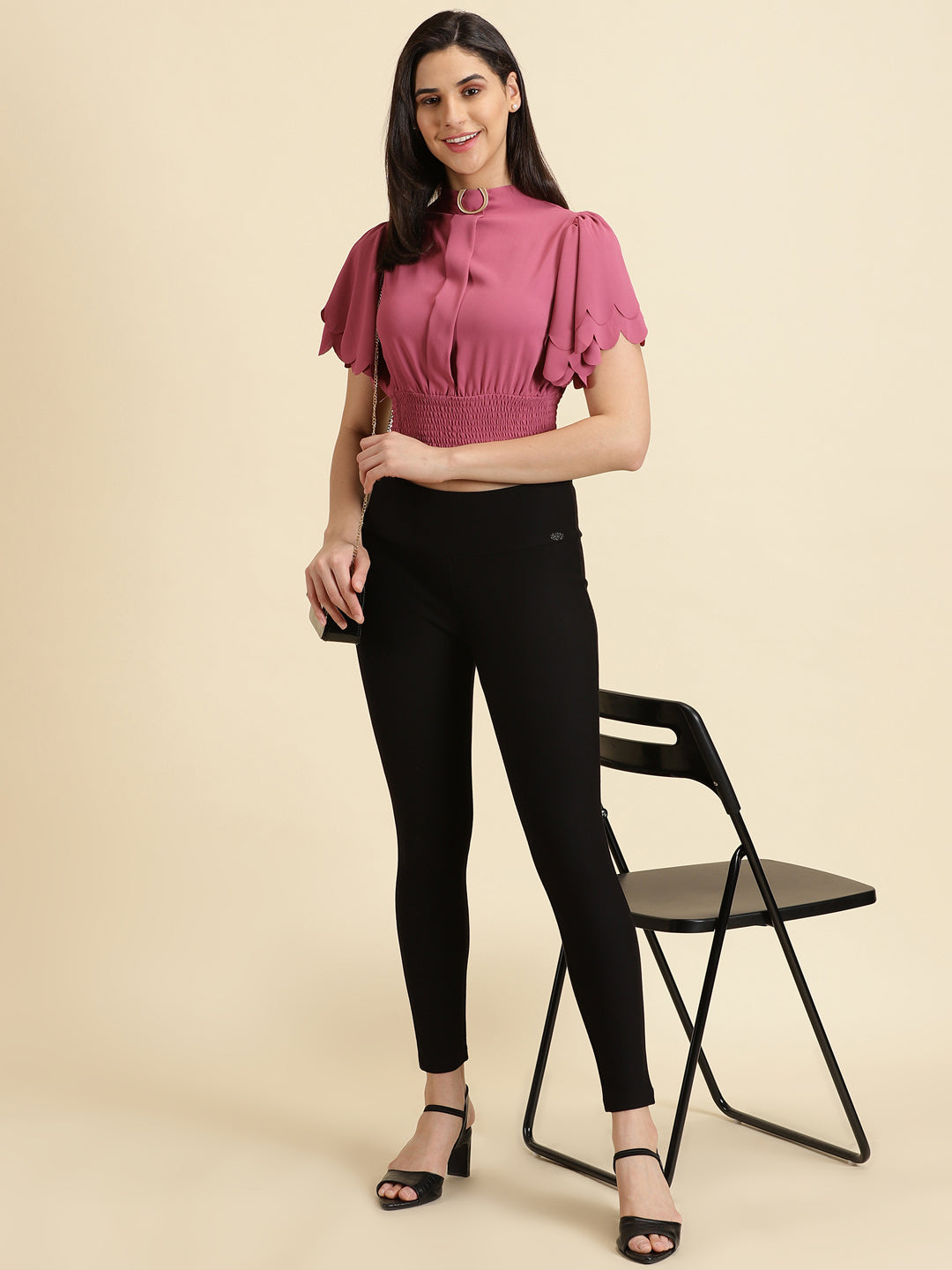 Women's Pink High Neck Flared Sleeve Crepe Cinched Waist Crop Top