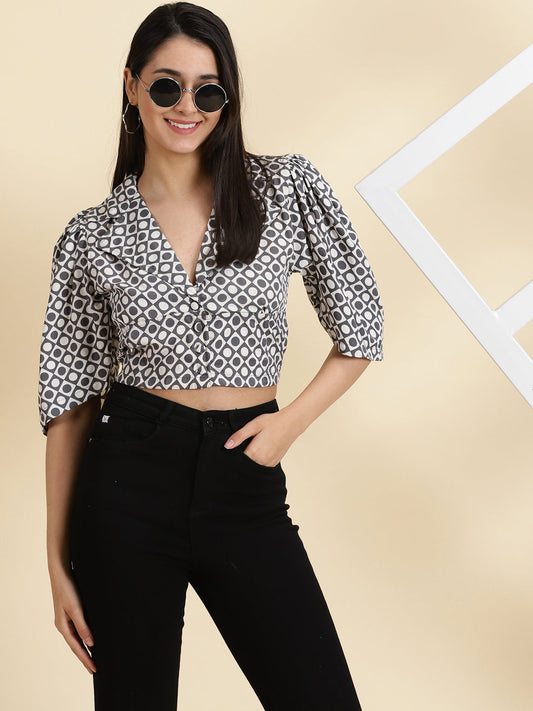 Women's White Polka Dots Printed Shirt Style Crop Top