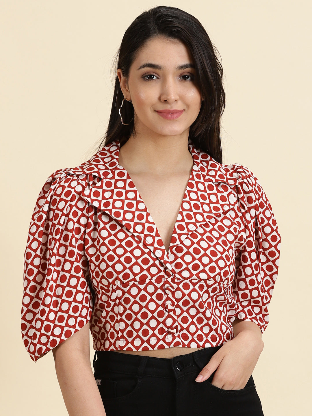 Women's White Geometric Print Puff Sleeve Blouson Crop Top