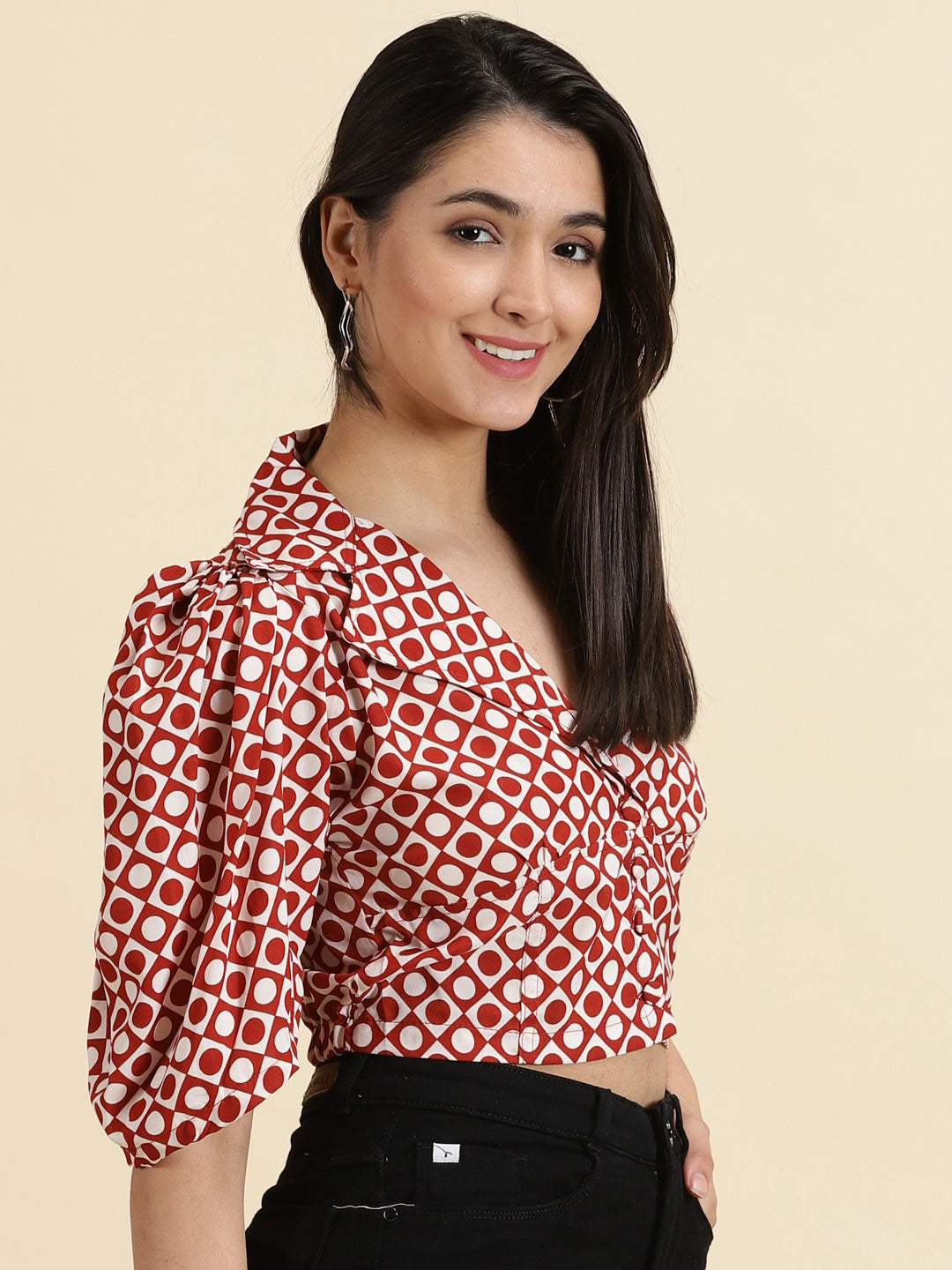 Women's White Geometric Print Puff Sleeve Blouson Crop Top