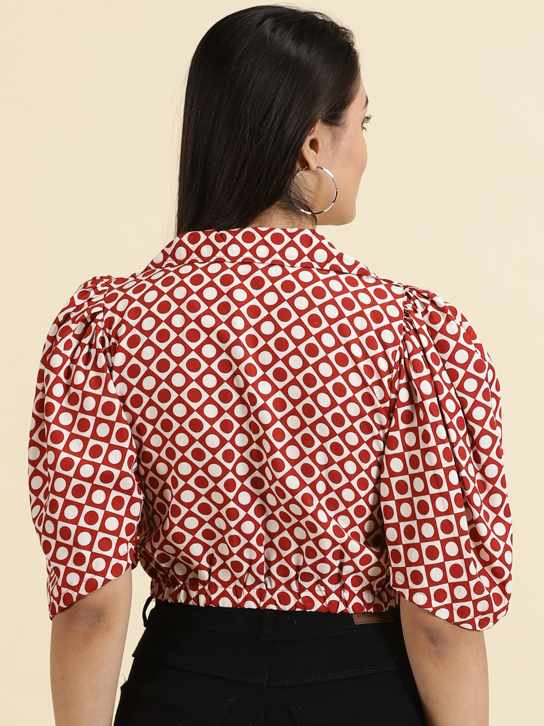 Women's White Geometric Print Puff Sleeve Blouson Crop Top