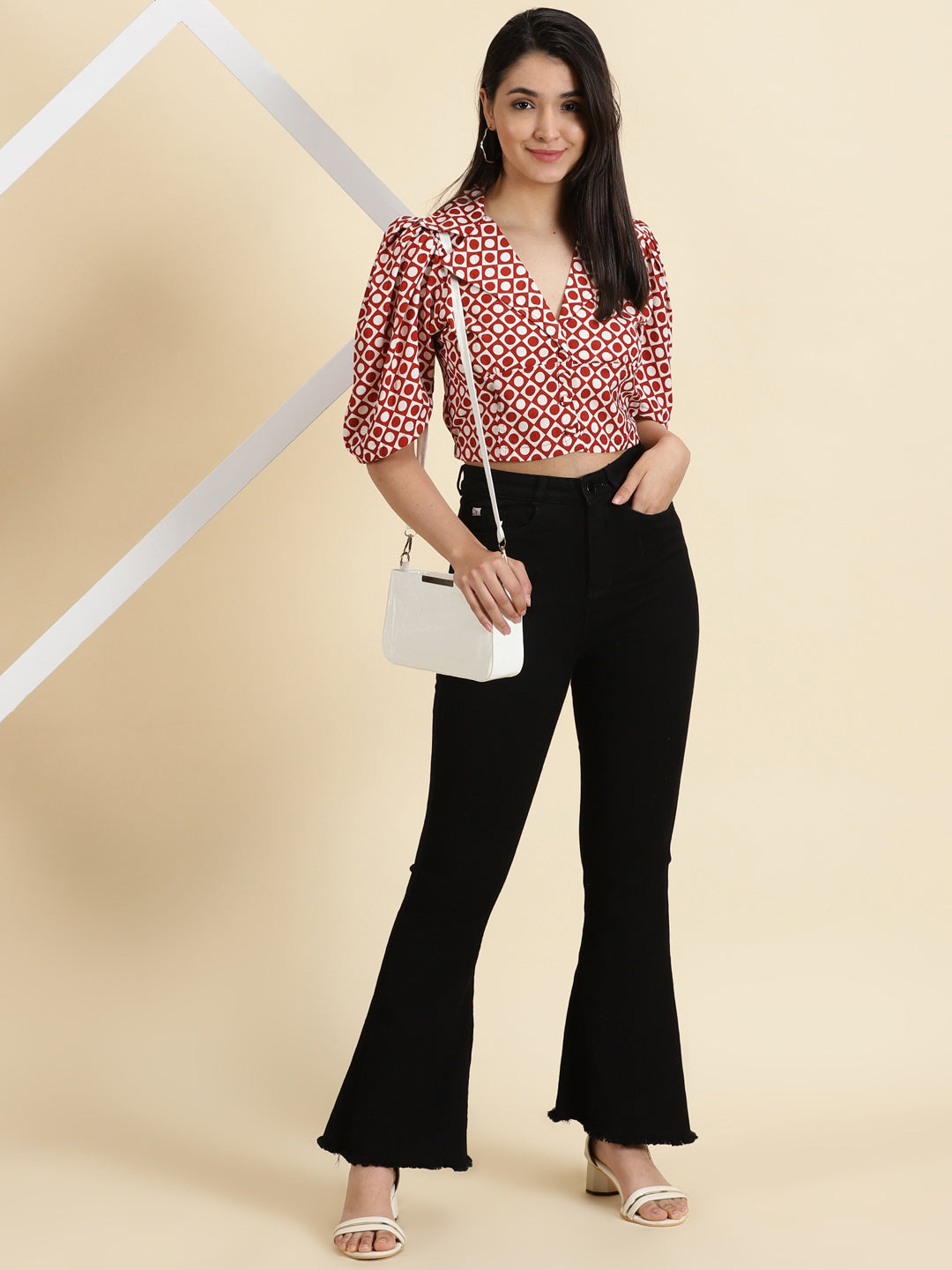 Women's White Geometric Print Puff Sleeve Blouson Crop Top