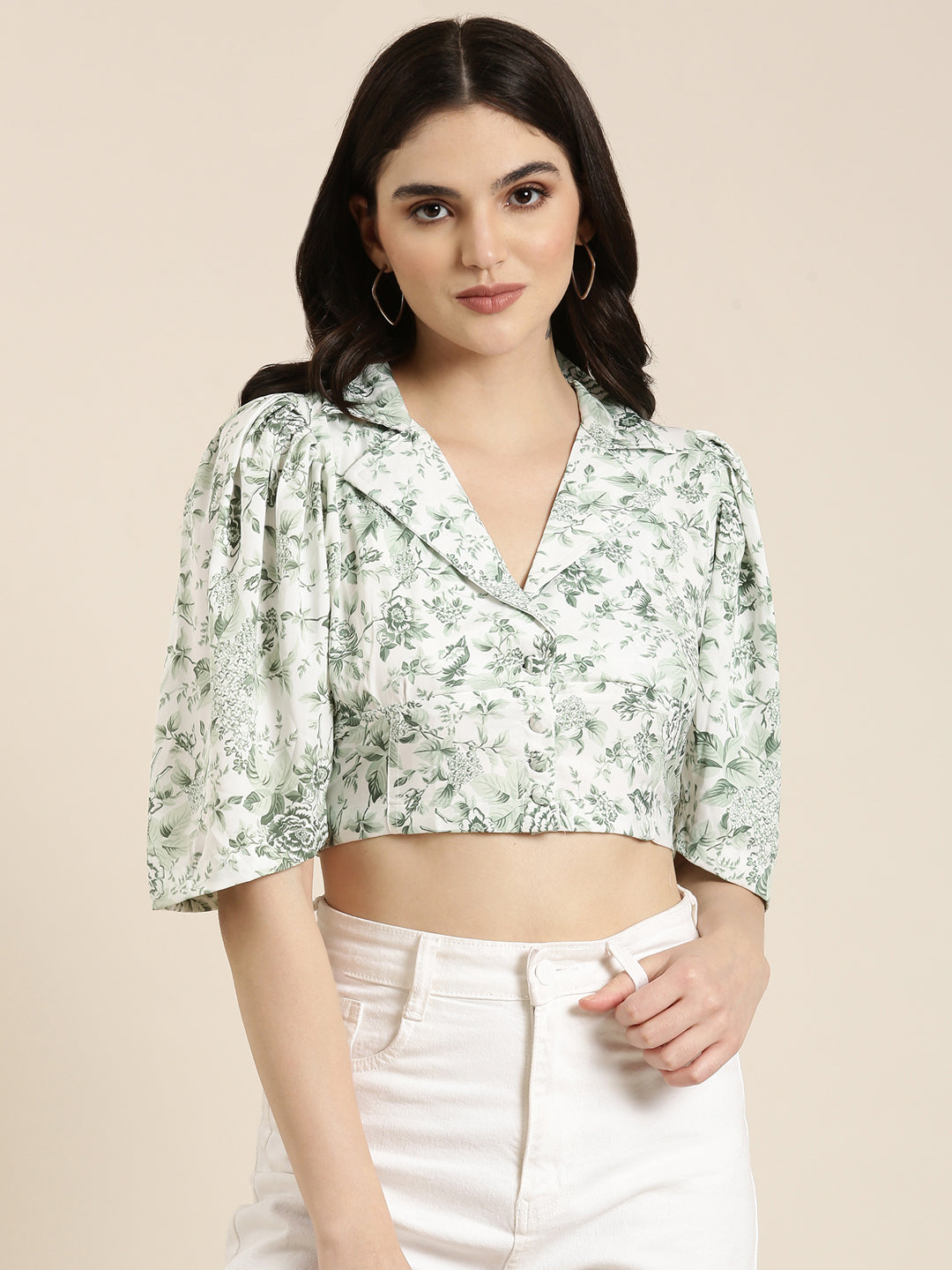 Women's Green Floral Printed Puff Sleeves Shirt Style Crop Top