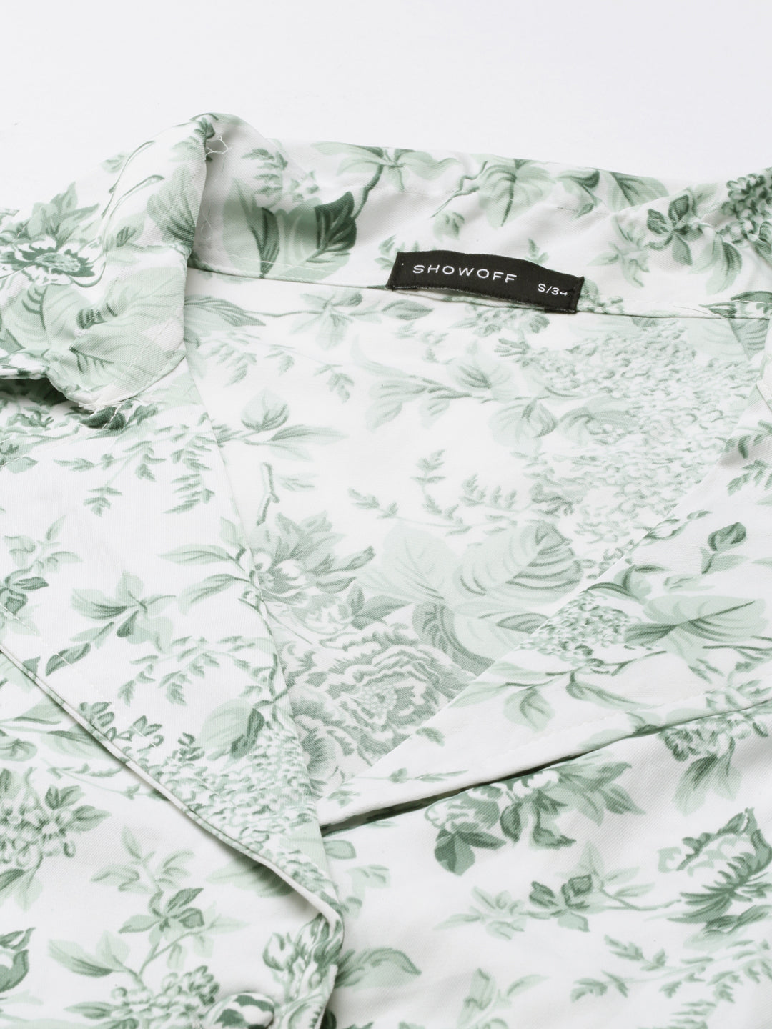 Women's Green Floral Printed Puff Sleeves Shirt Style Crop Top