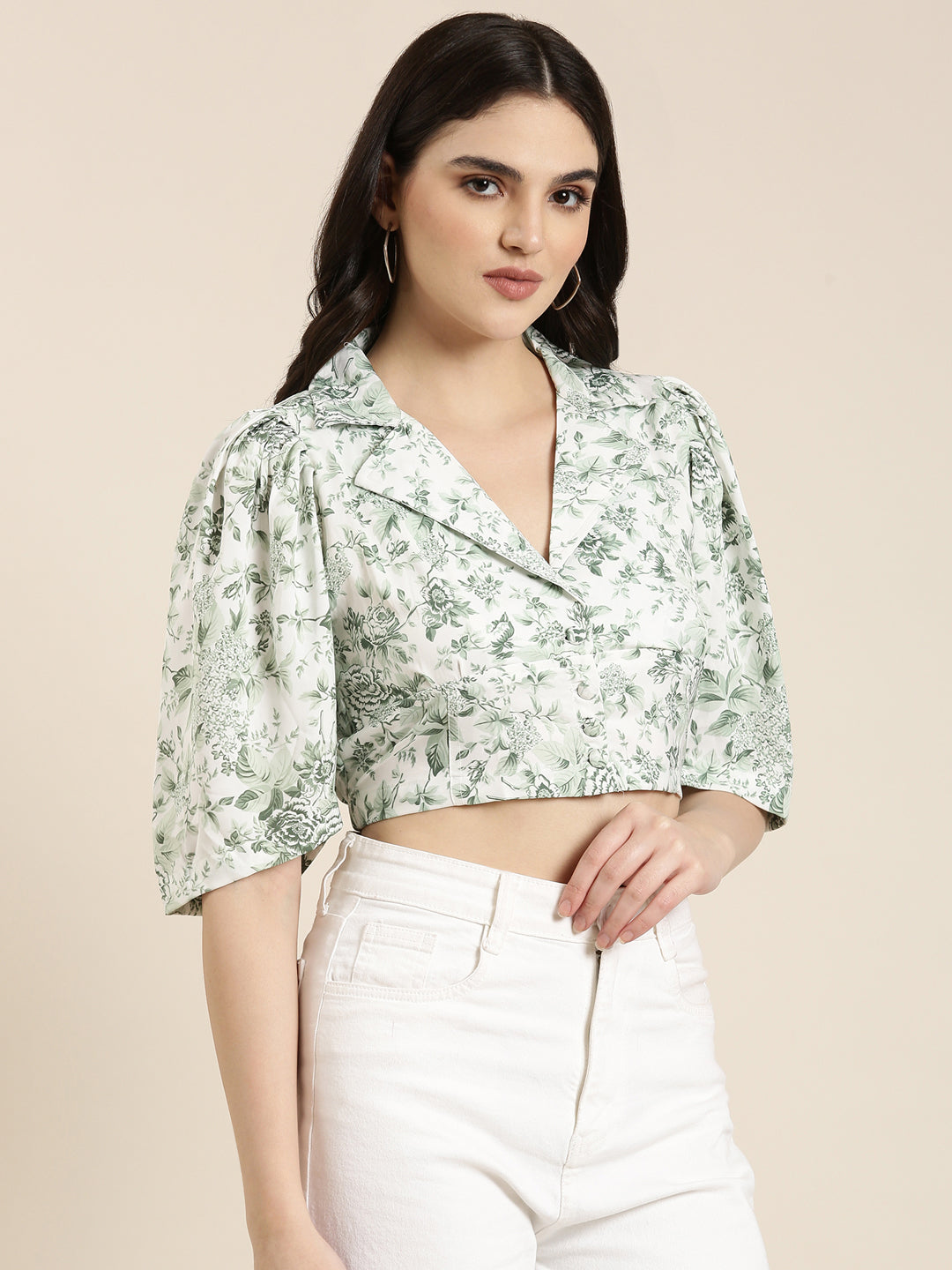 Women's Green Floral Printed Puff Sleeves Shirt Style Crop Top