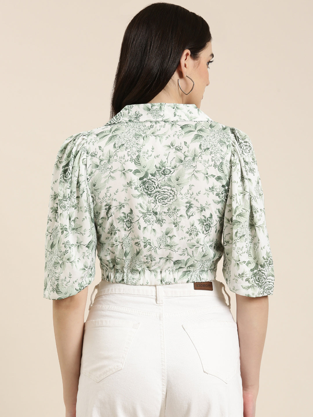Women's Green Floral Printed Puff Sleeves Shirt Style Crop Top