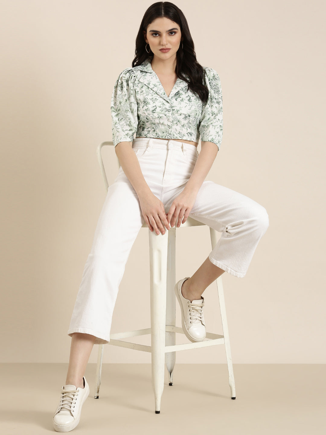 Women's Green Floral Printed Puff Sleeves Shirt Style Crop Top