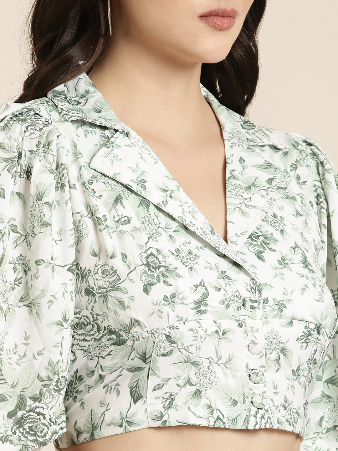 Women's Green Floral Printed Puff Sleeves Shirt Style Crop Top