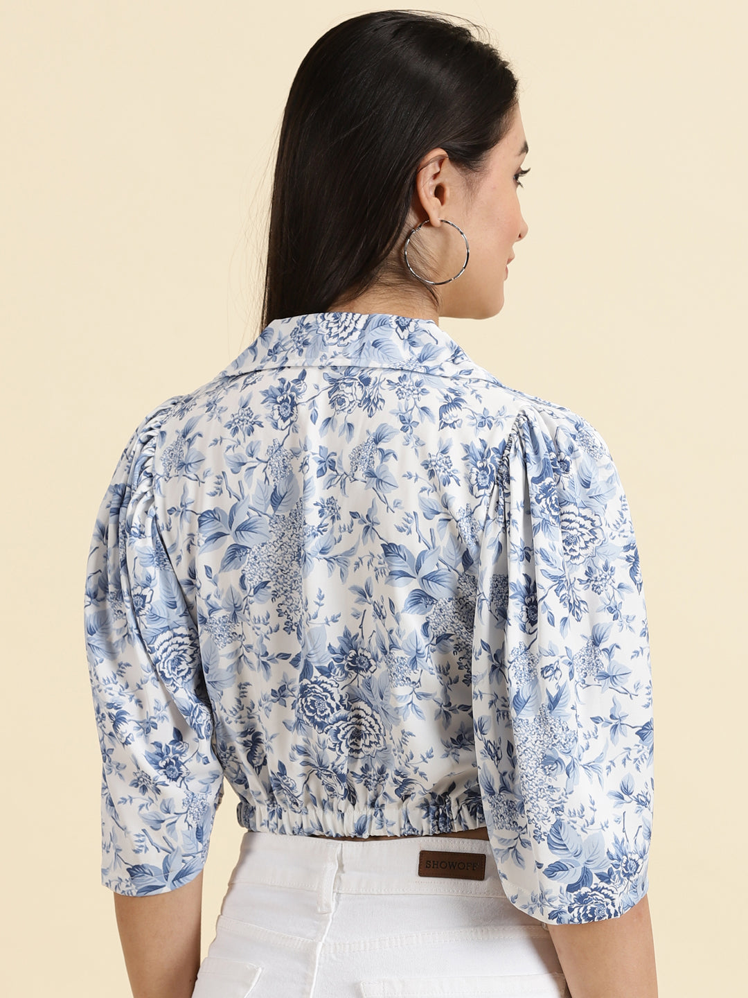 Women's White Floral Print Crepe Shirt Style Crop Top