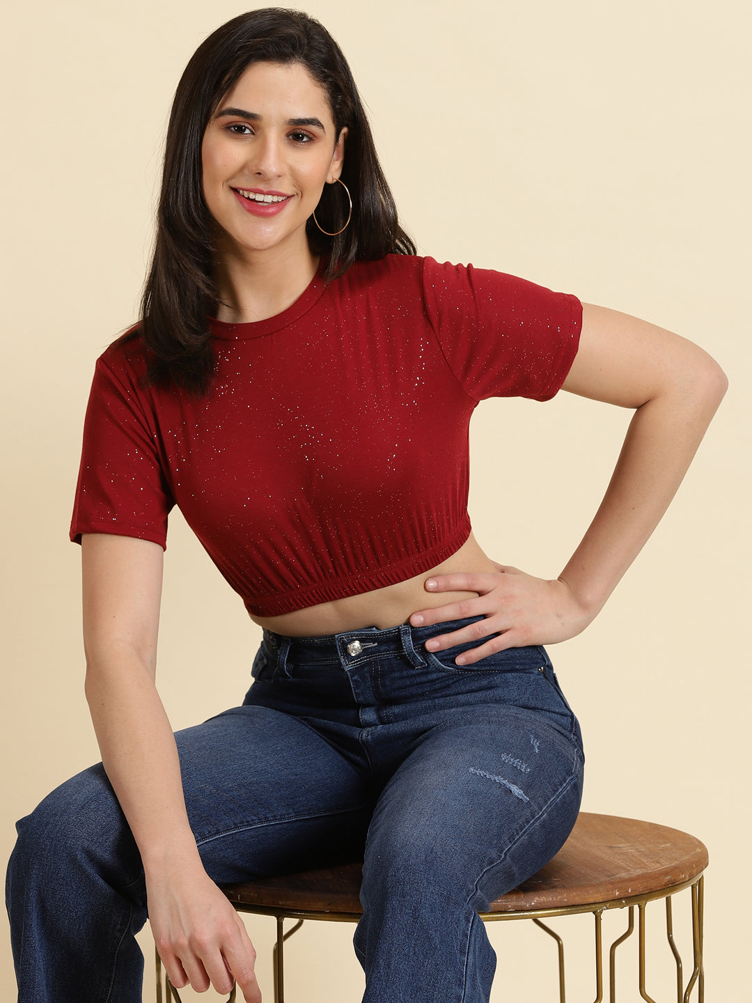 Women's Maroon Round Neck Crop Top