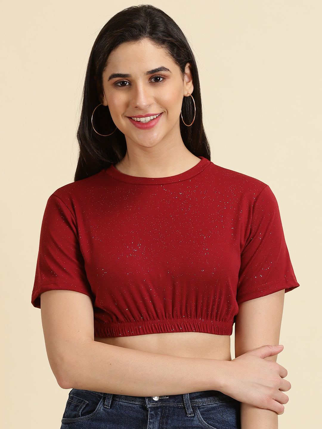 Women's Maroon Round Neck Crop Top