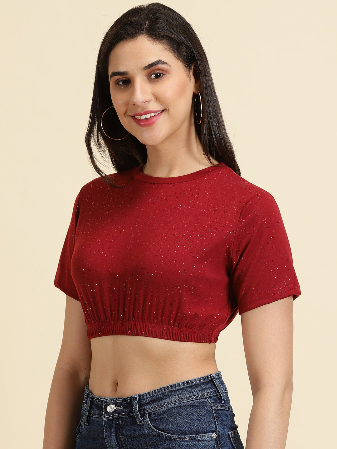 Women's Maroon Round Neck Crop Top