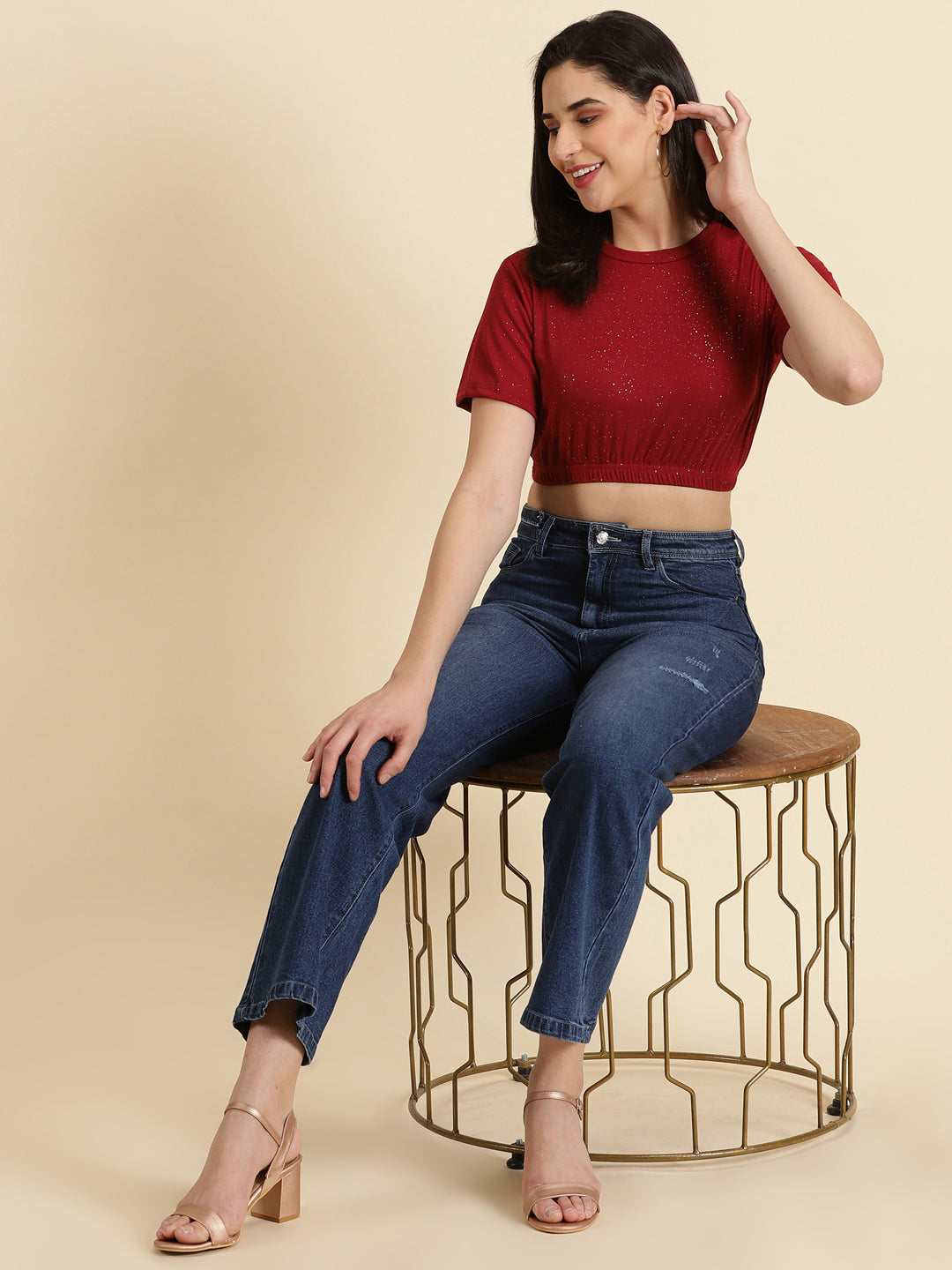Women's Maroon Round Neck Crop Top