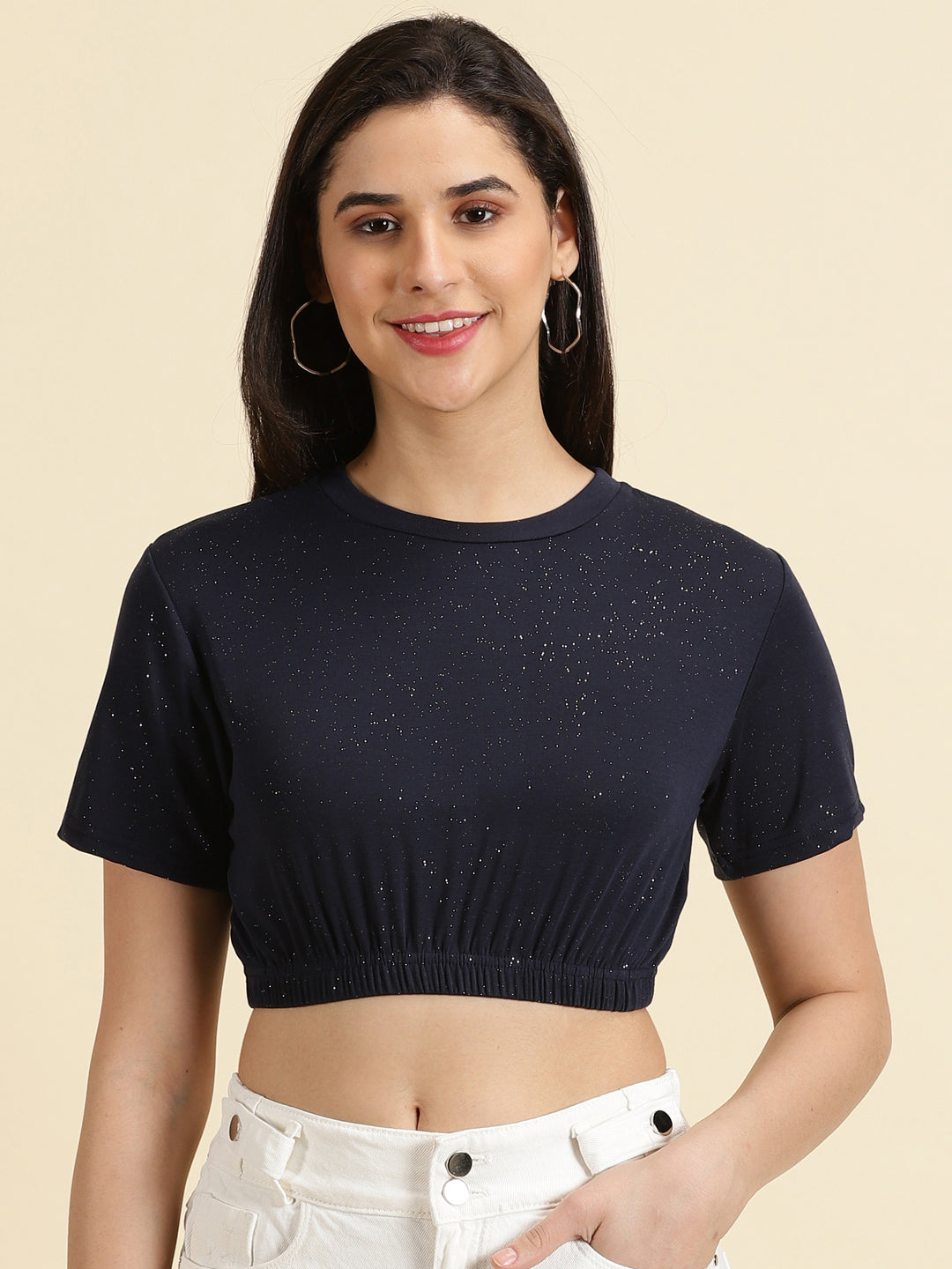 Women's Navy Blue Printed Cinched Waist Crop Top